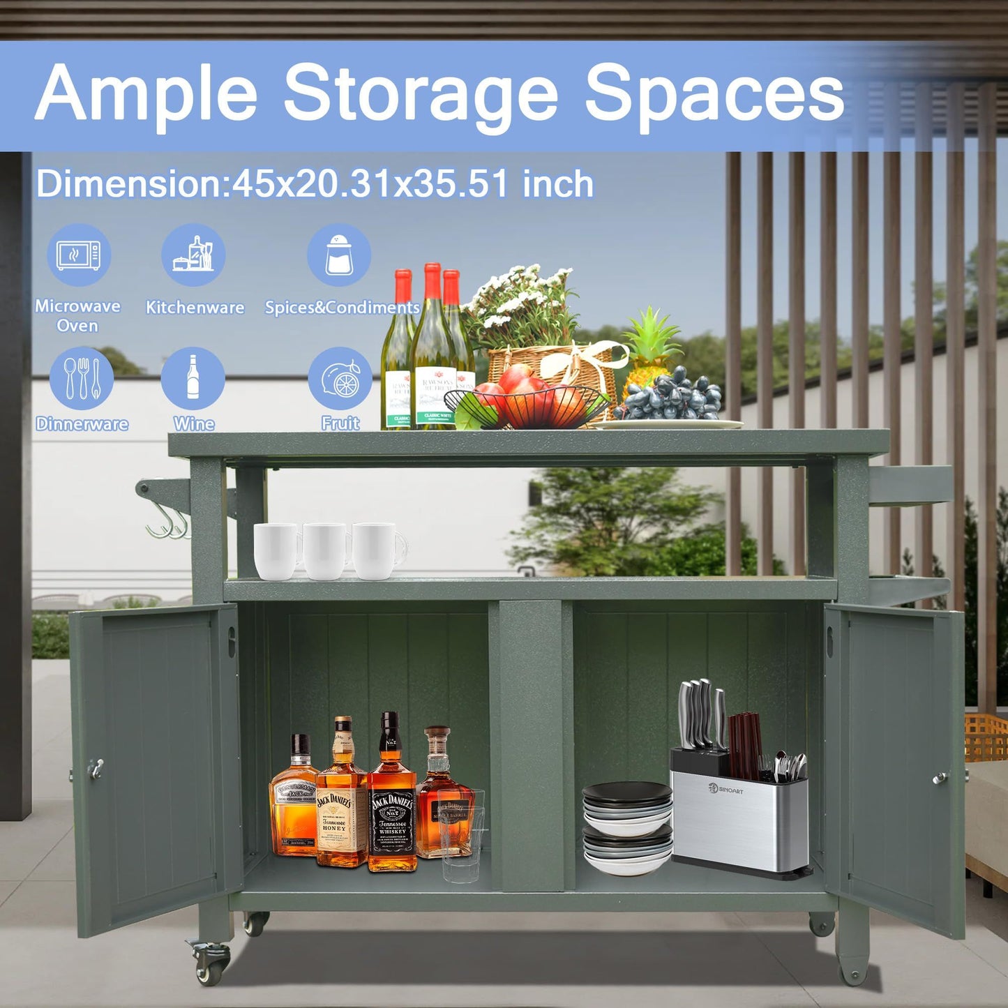 Grill Carts Outdoor Storage Cabinet with Wheels, Metal Outdoor Grill Table Kitchen Dining Table Cooking Prep BBQ Table f image 5