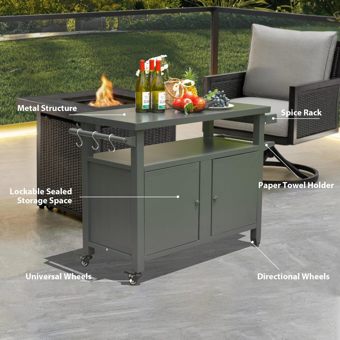 Grill Carts Outdoor Storage Cabinet with Wheels, Metal Outdoor Grill Table Kitchen Dining Table Cooking Prep BBQ Table f image 2