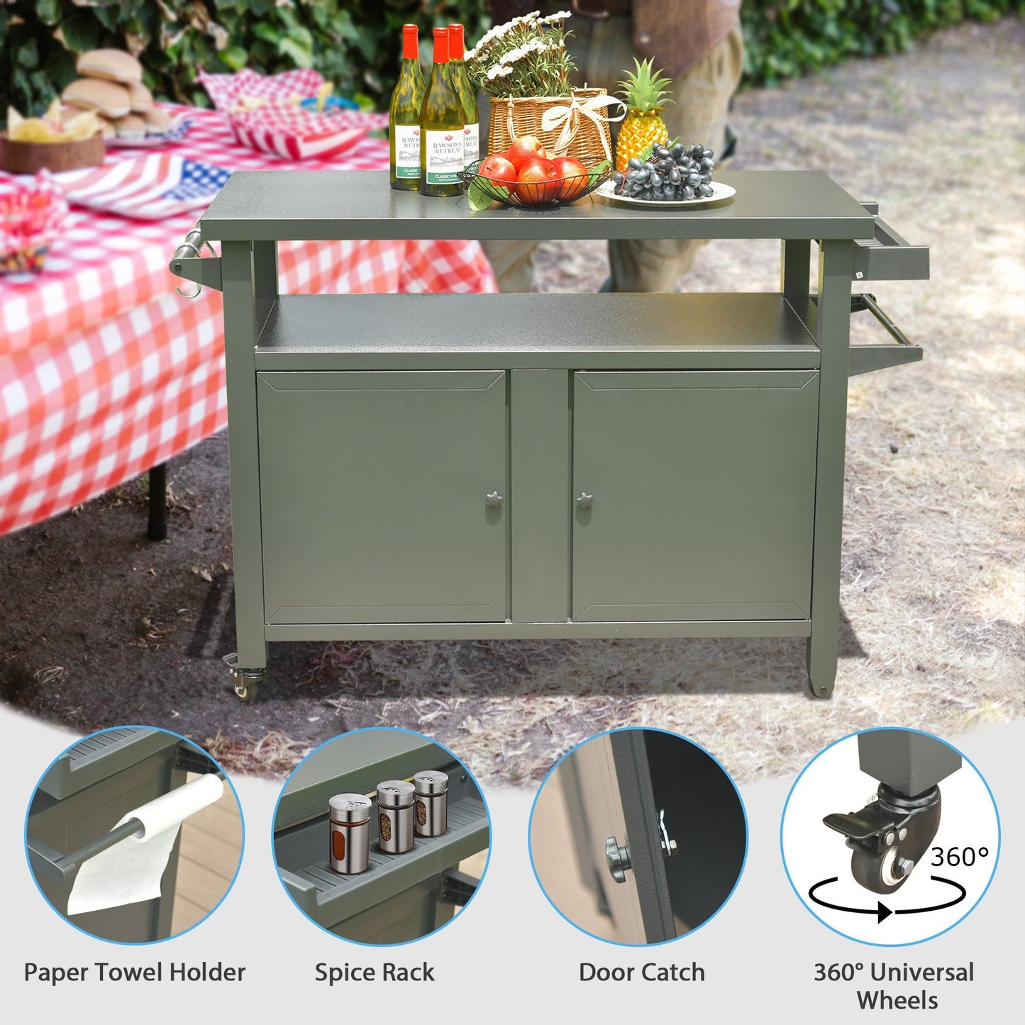 Grill Carts Outdoor Storage Cabinet with Wheels, Metal Outdoor Grill Table Kitchen Dining Table Cooking Prep BBQ Table f image 4