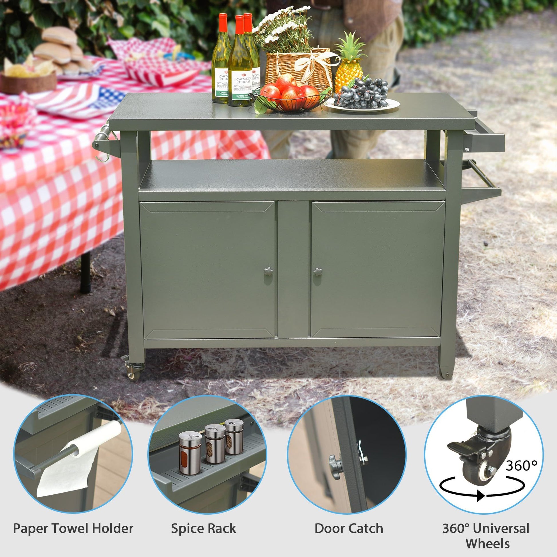 Grill Carts Outdoor Storage Cabinet with Wheels, Metal Outdoor Grill Table Kitchen Dining Table Cooking Prep BBQ Table f image 4