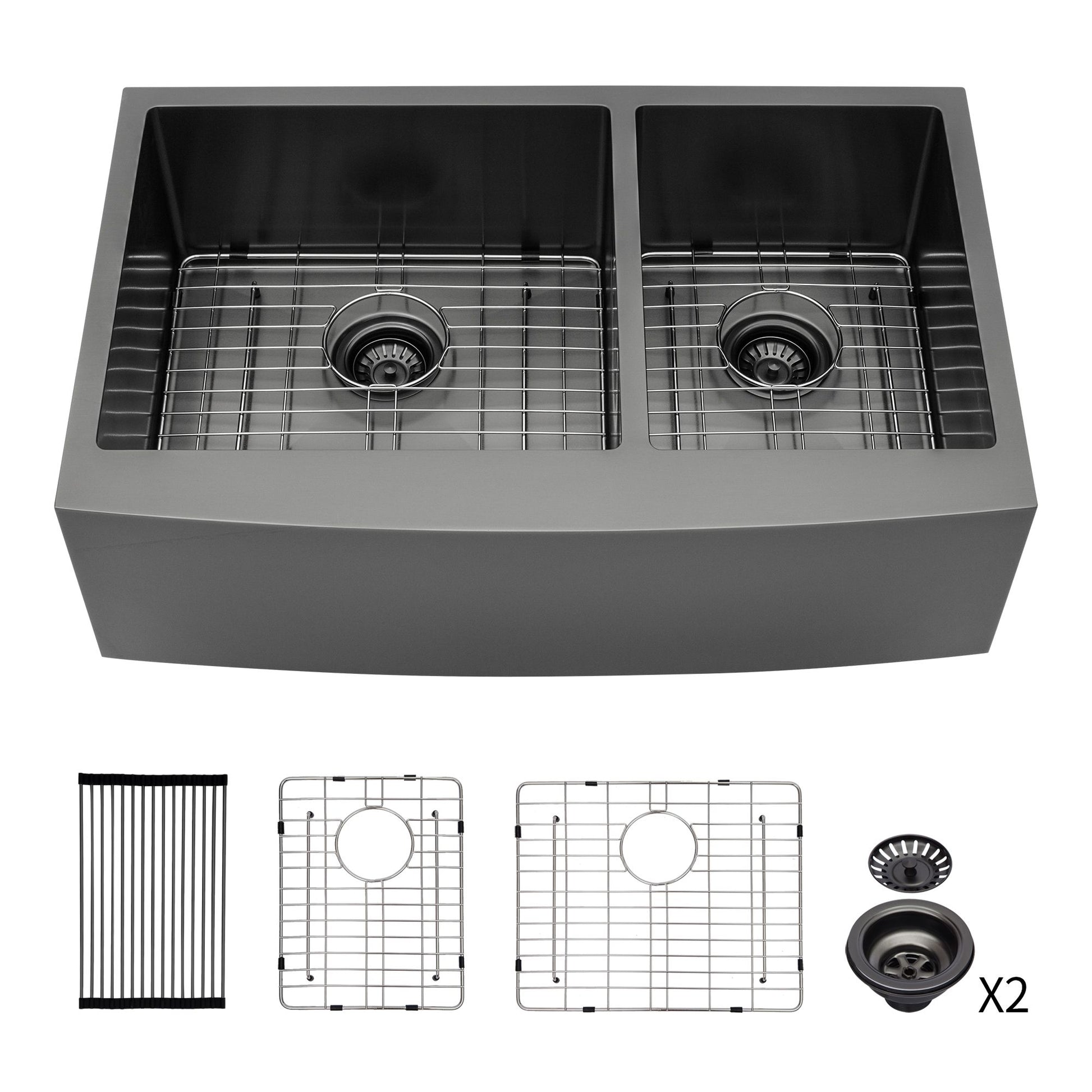 Gunmetal Black Double Bowl (60/40) Farmhouse Sink- 33"x21"x10"Stainless Steel Apron Front Kitchen Sink 16 Gauge with Two image 5