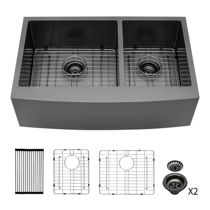 Gunmetal Black Double Bowl (60/40) Farmhouse Sink- 33"x21"x10"Stainless Steel Apron Front Kitchen Sink 16 Gauge with Two image 5