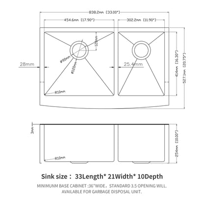 Gunmetal Black Double Bowl (60/40) Farmhouse Sink- 33"x21"x10"Stainless Steel Apron Front Kitchen Sink 16 Gauge with Two image 4