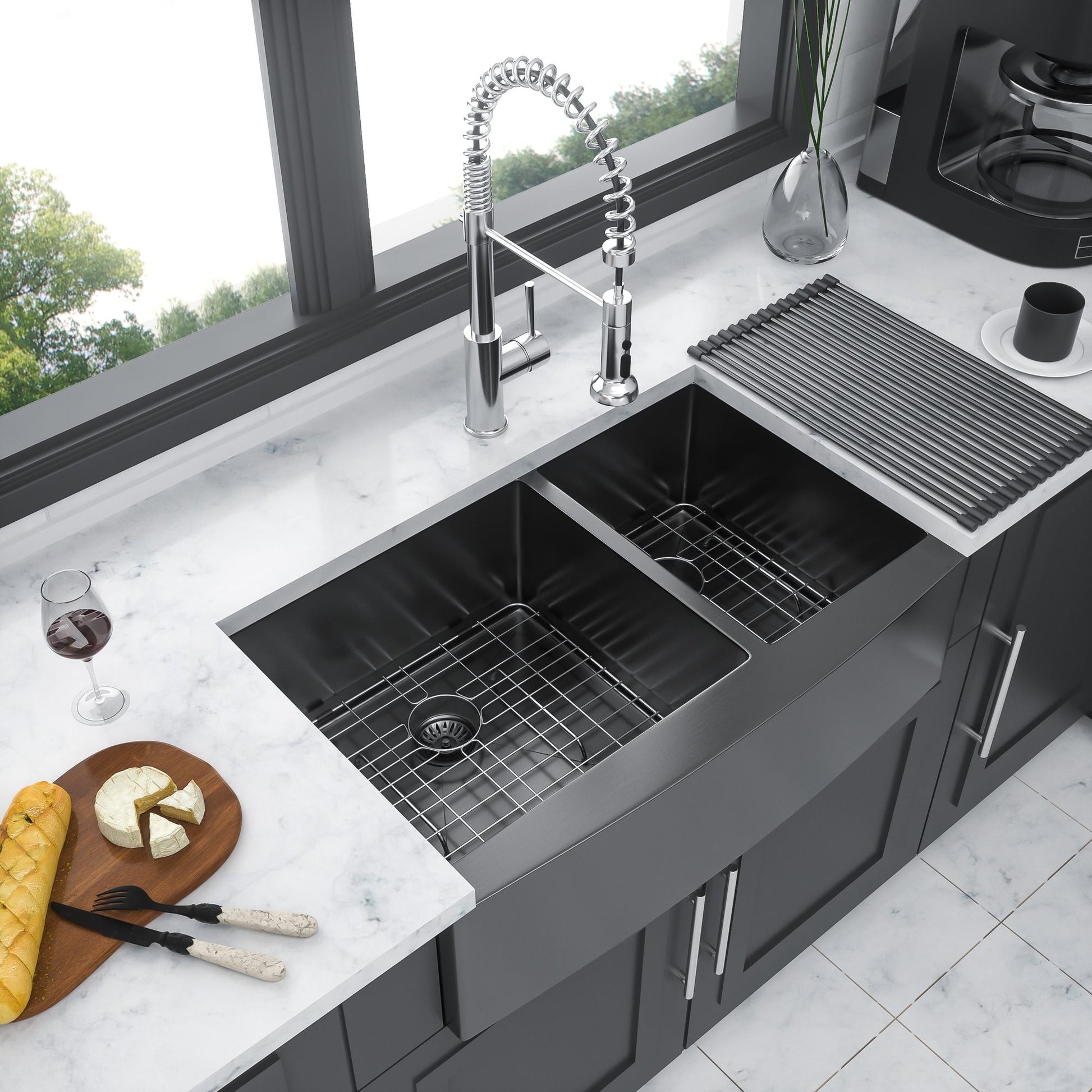 Gunmetal Black Double Bowl (60/40) Farmhouse Sink- 33"x21"x10"Stainless Steel Apron Front Kitchen Sink 16 Gauge with Two image 2