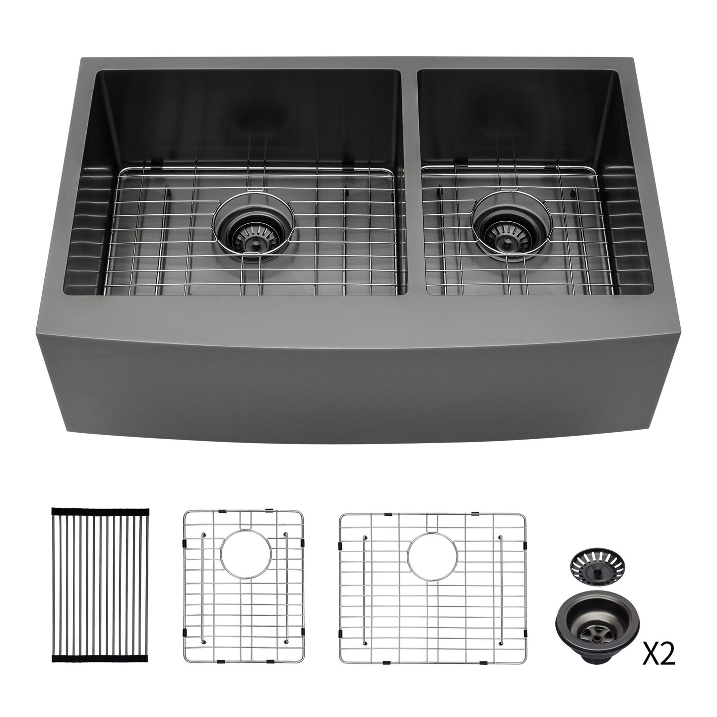 Gunmetal Black Double Bowl (60/40) Farmhouse Sink- 36" x 21" x 10"Stainless Steel Apron Front Kitchen Sink 16 Gauge with image 2