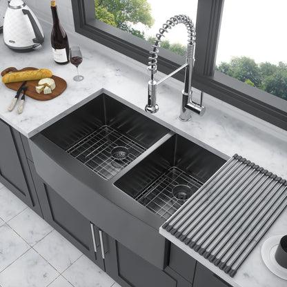 Gunmetal Black Double Bowl (60/40) Farmhouse Sink- 36" x 21" x 10"Stainless Steel Apron Front Kitchen Sink 16 Gauge with image 3