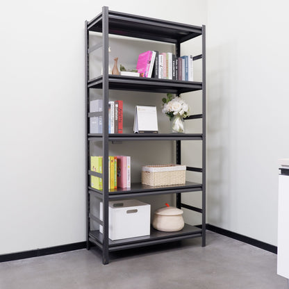 Metal shelving unit in office storing books and supplies