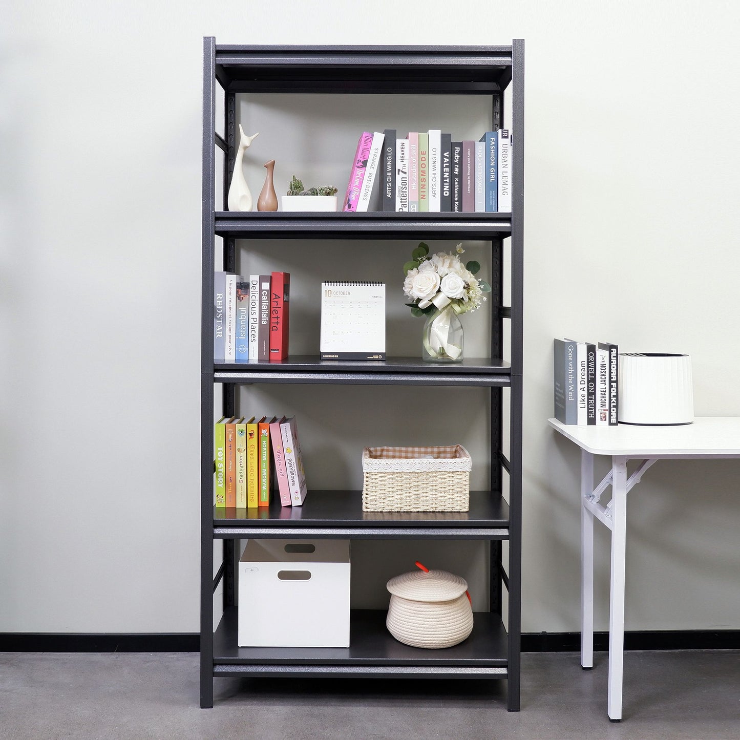 5-tier heavy duty shelf with items on each shelf, full view