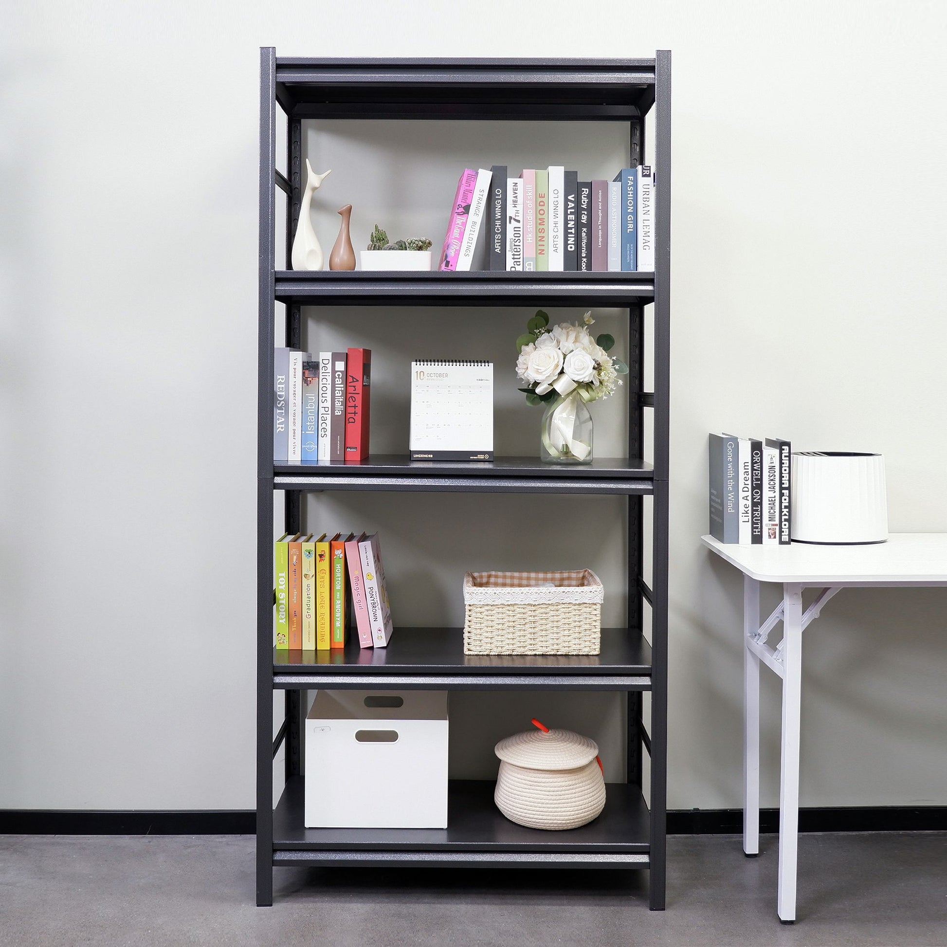 5-tier heavy duty shelf with items on each shelf, full view
