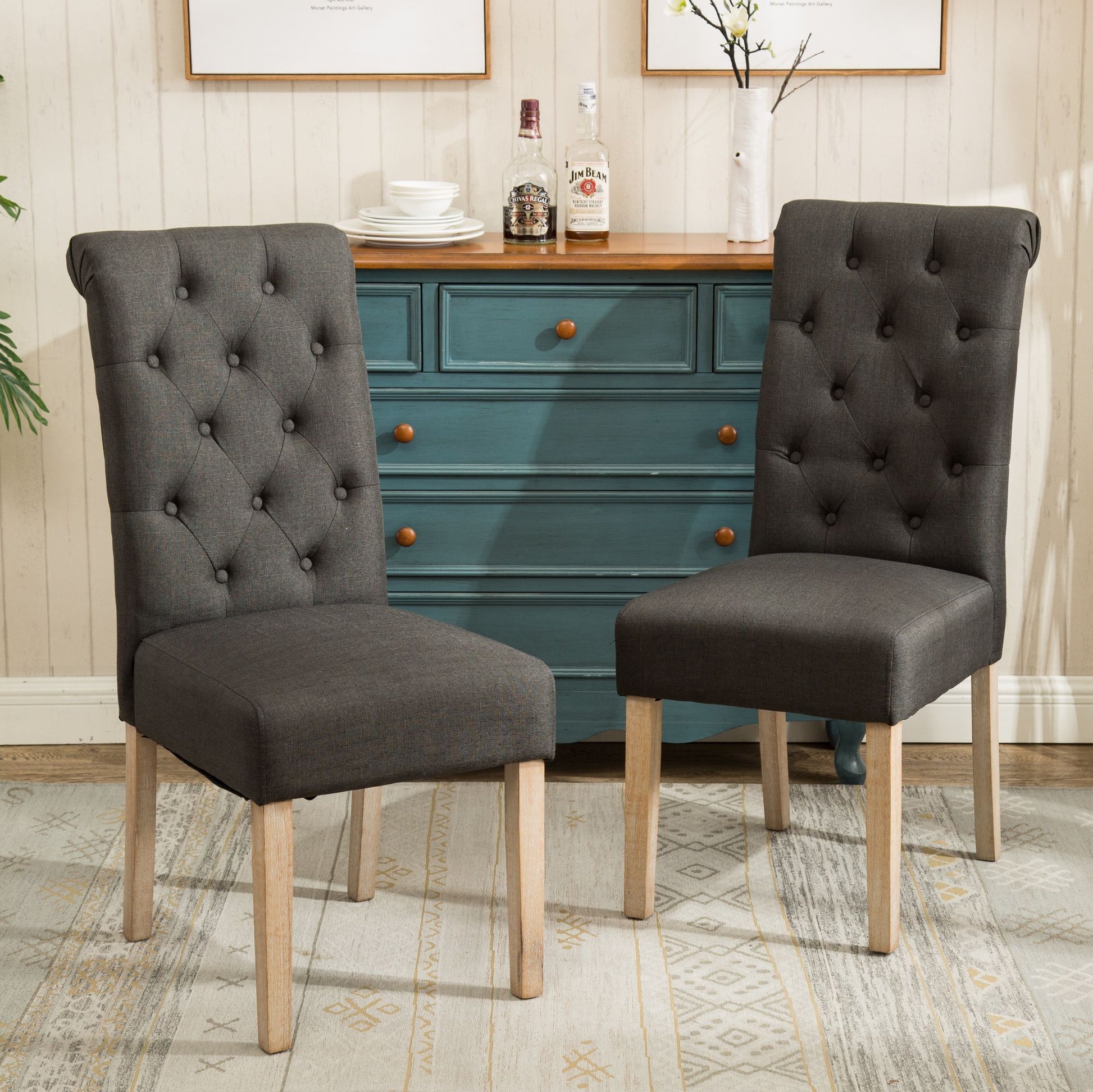 Habit Solid Wood Tufted Parsons Dining Chair, Set of 2, Charcoal image 1