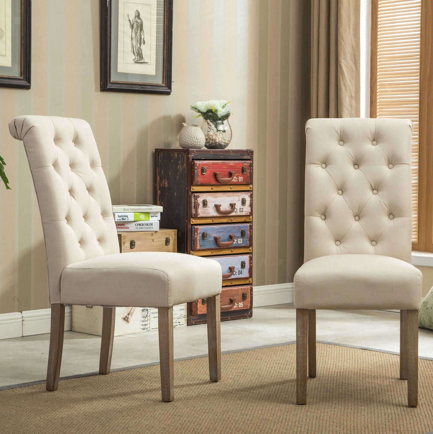 Habit Solid Wood Tufted Parsons Dining Chair, Set of 2, Tan image 2