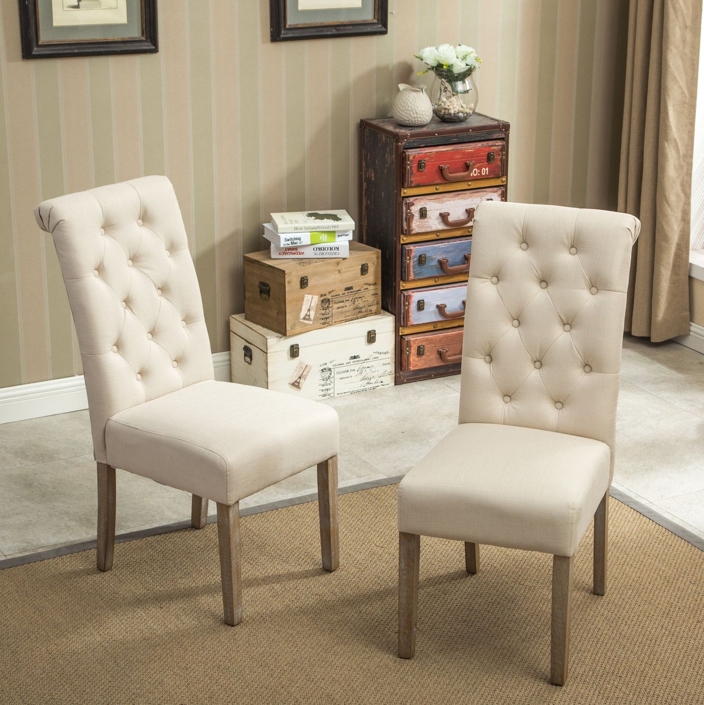 Habit Solid Wood Tufted Parsons Dining Chair, Set of 2, Tan image 3