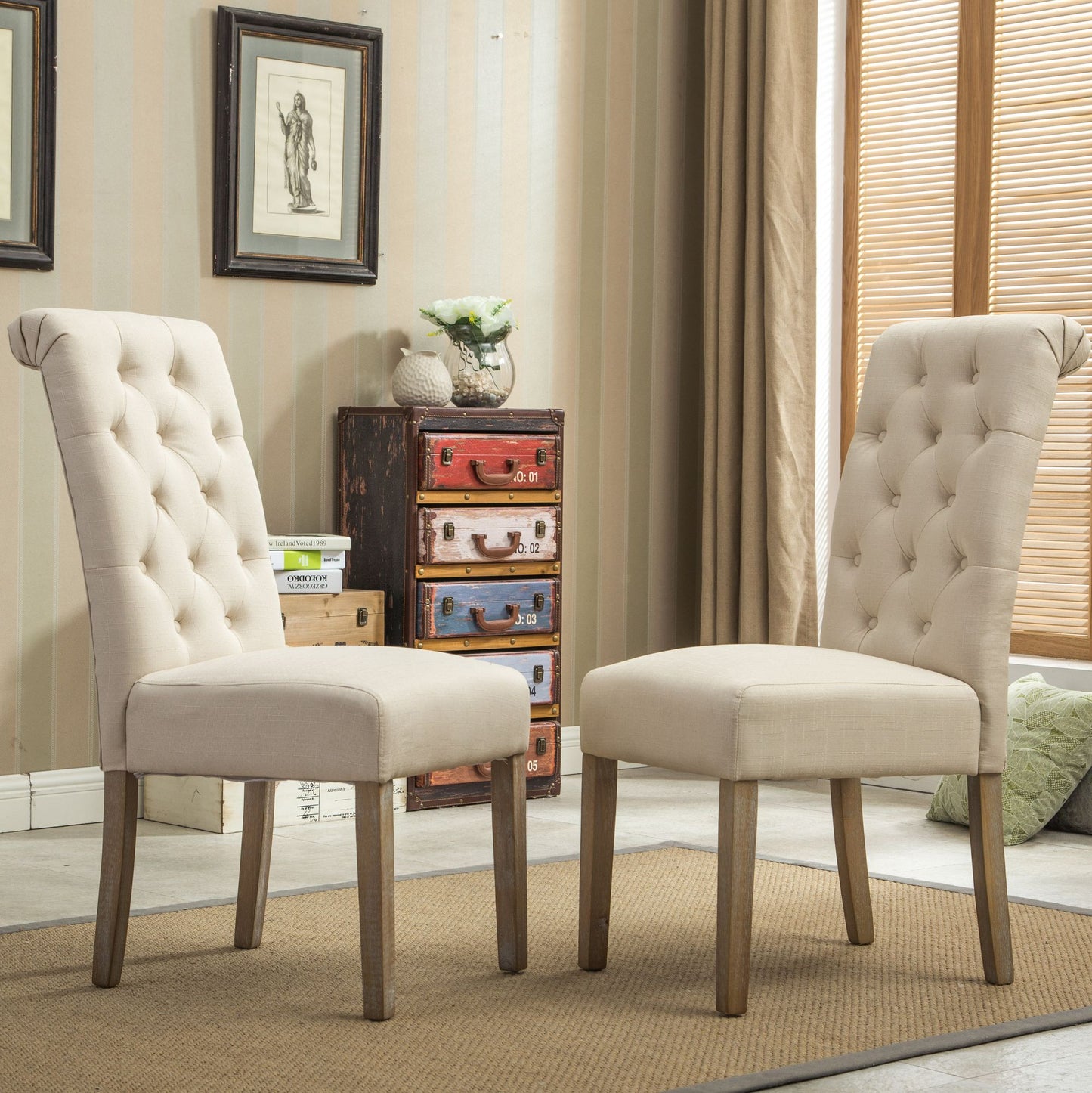 Habit Solid Wood Tufted Parsons Dining Chair, Set of 2, Tan image 1