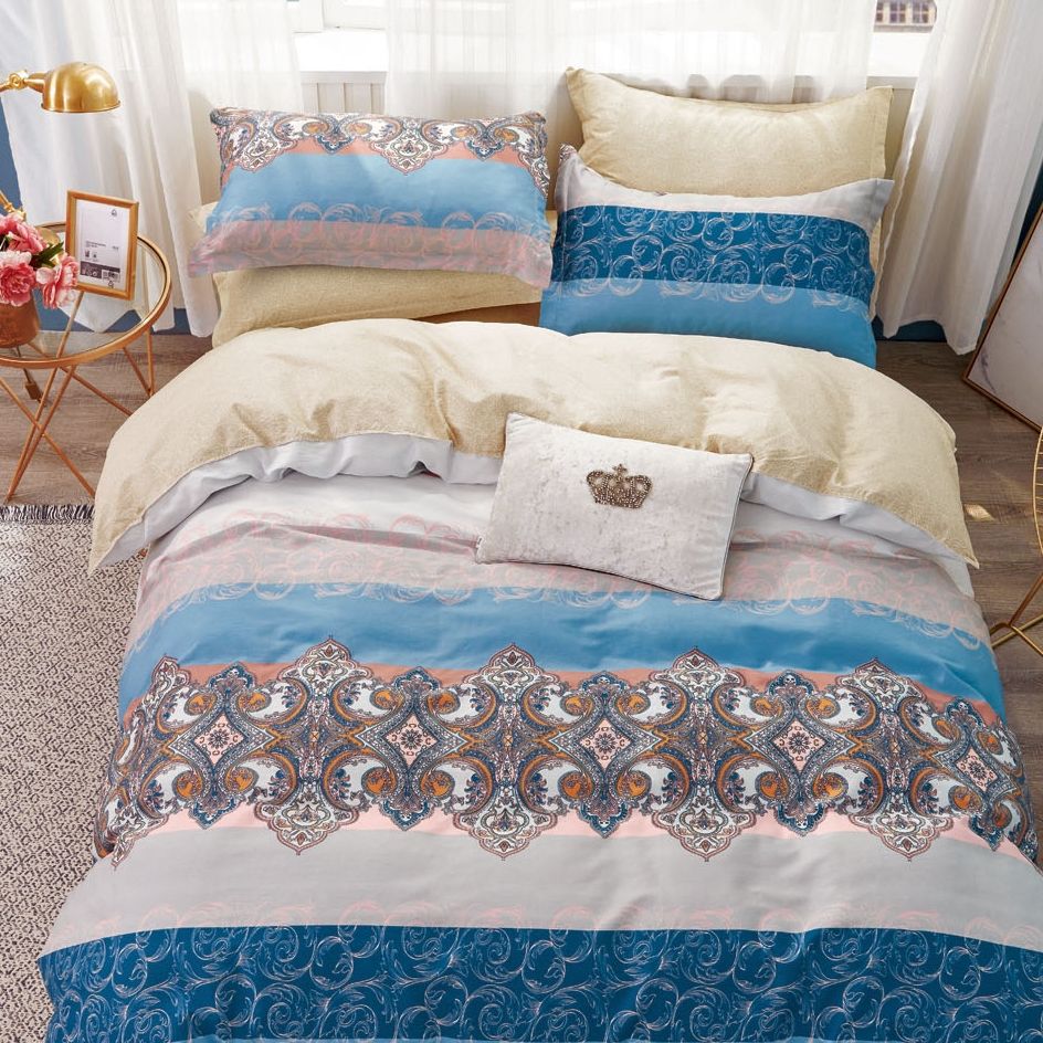 Hannah Blue Damask 100% Cotton 3 pcs Comforter Set image 1