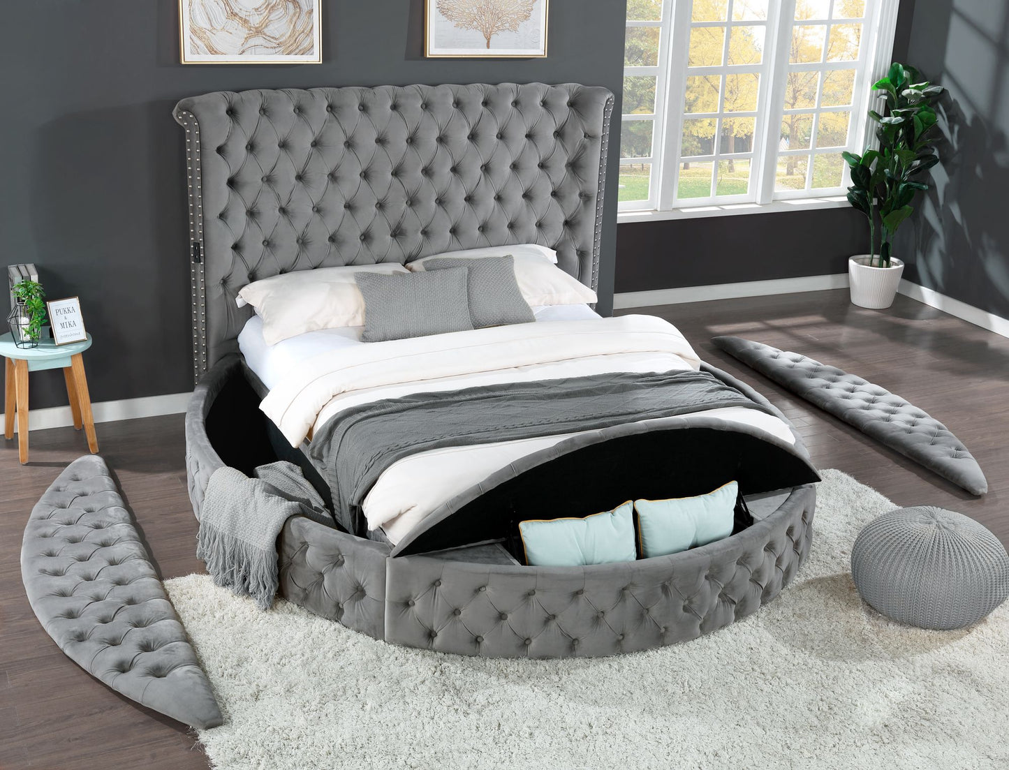 Hazel King Size Tufted Storage Bed made with Wood in Gray image 3