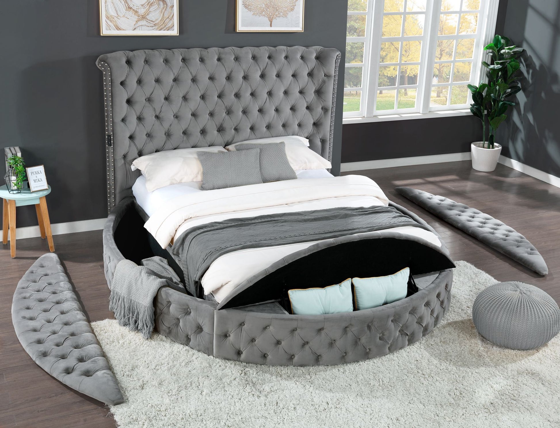 Hazel King Size Tufted Storage Bed made with Wood in Gray image 3