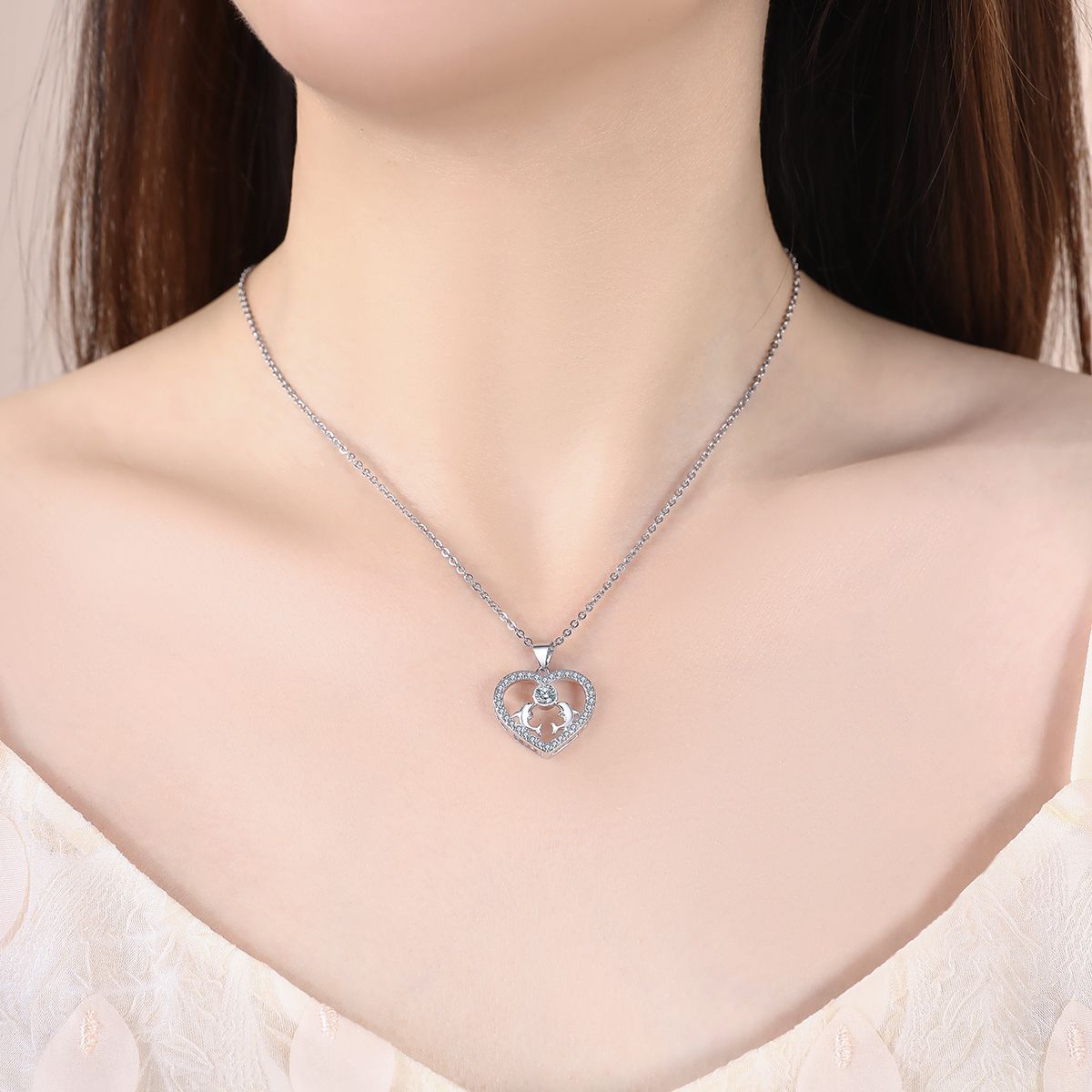 Heart Pendant Necklace 14k White Gold Plated Cubic Zirconia Love Heart Jewelry for Women Girls image 5