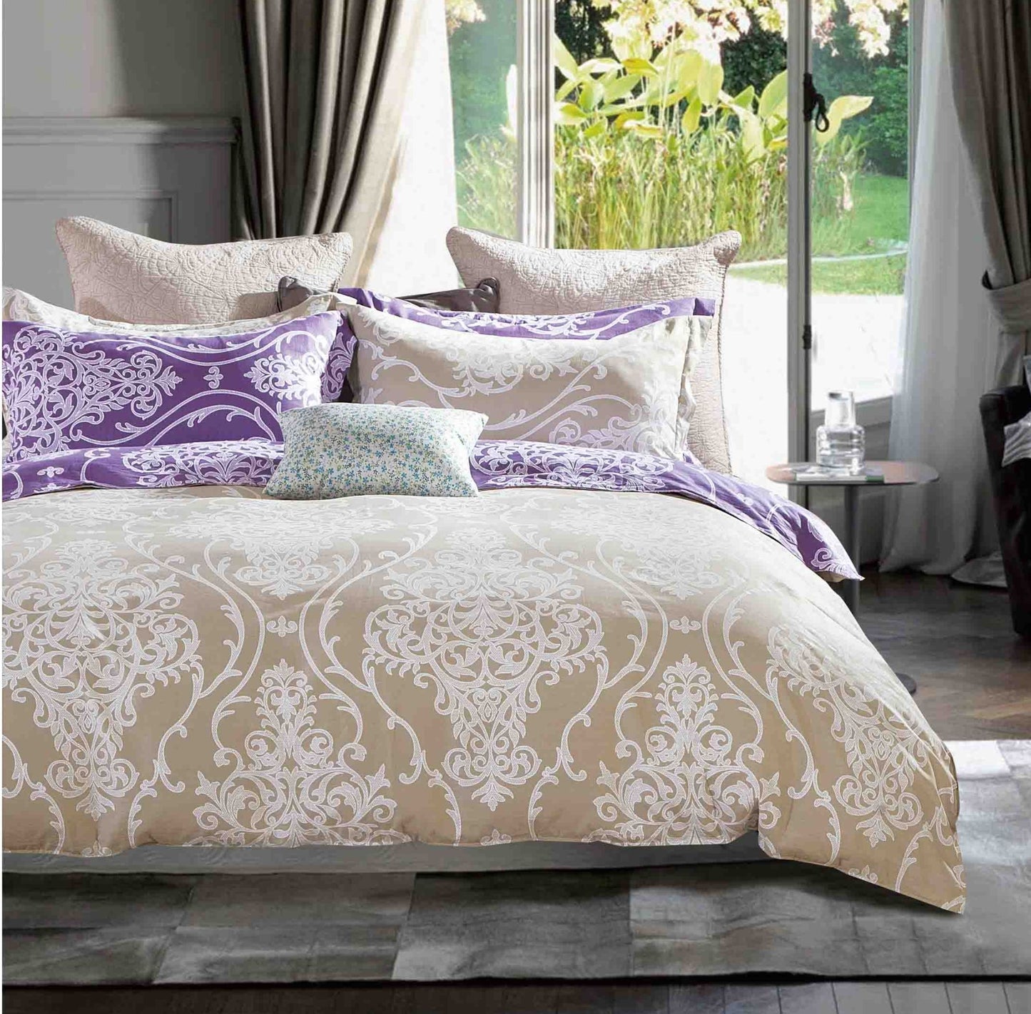 Hermman Beige/Purple Damask 100% Cotton Comforter Set image 2