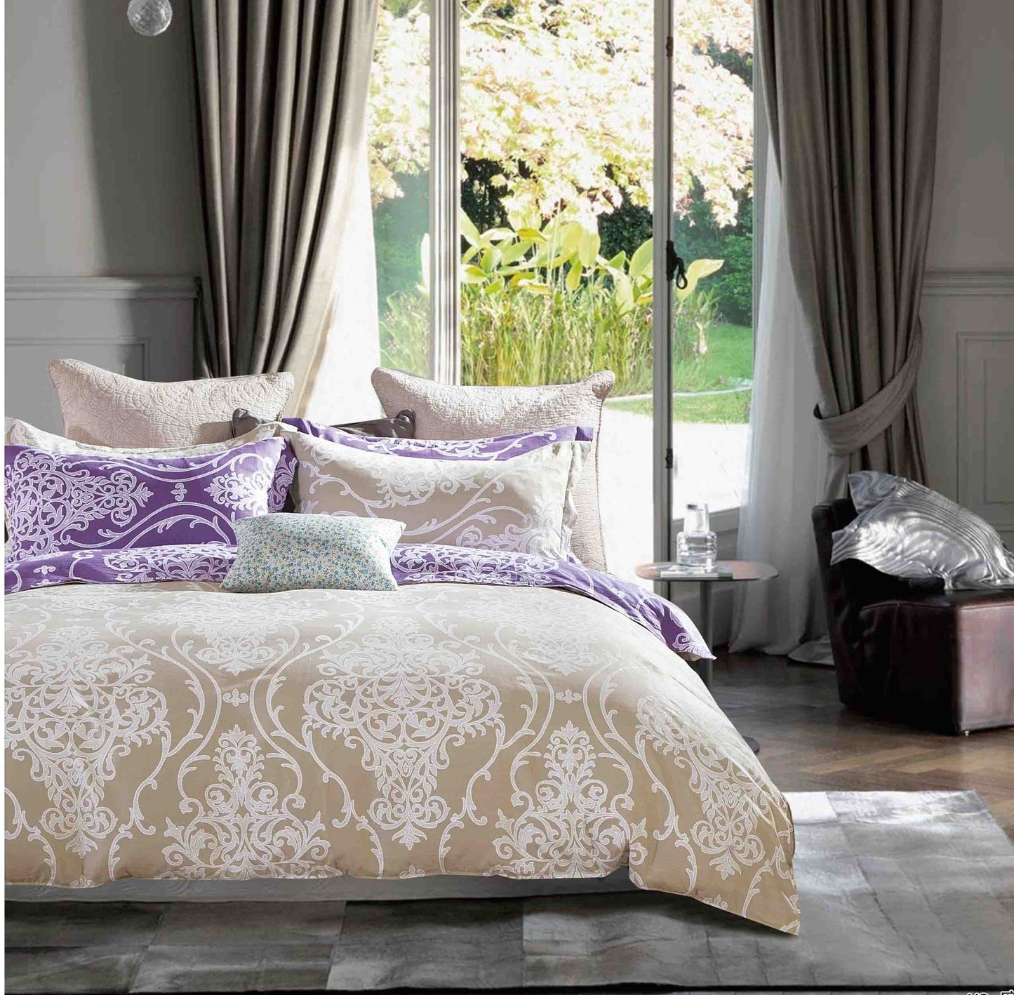 Hermman Beige/Purple Damask 100% Cotton Comforter Set image 1