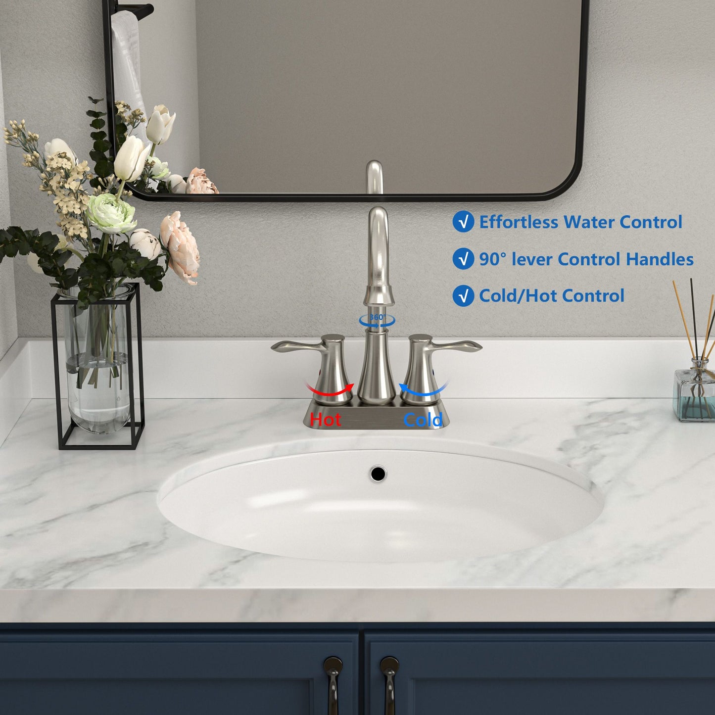 High Arc Swivel Spout Centerset Double handle 3-holes Lavatory Vanity Faucet Bathroom Vessel Basin Faucet with Pop-up dr image 3