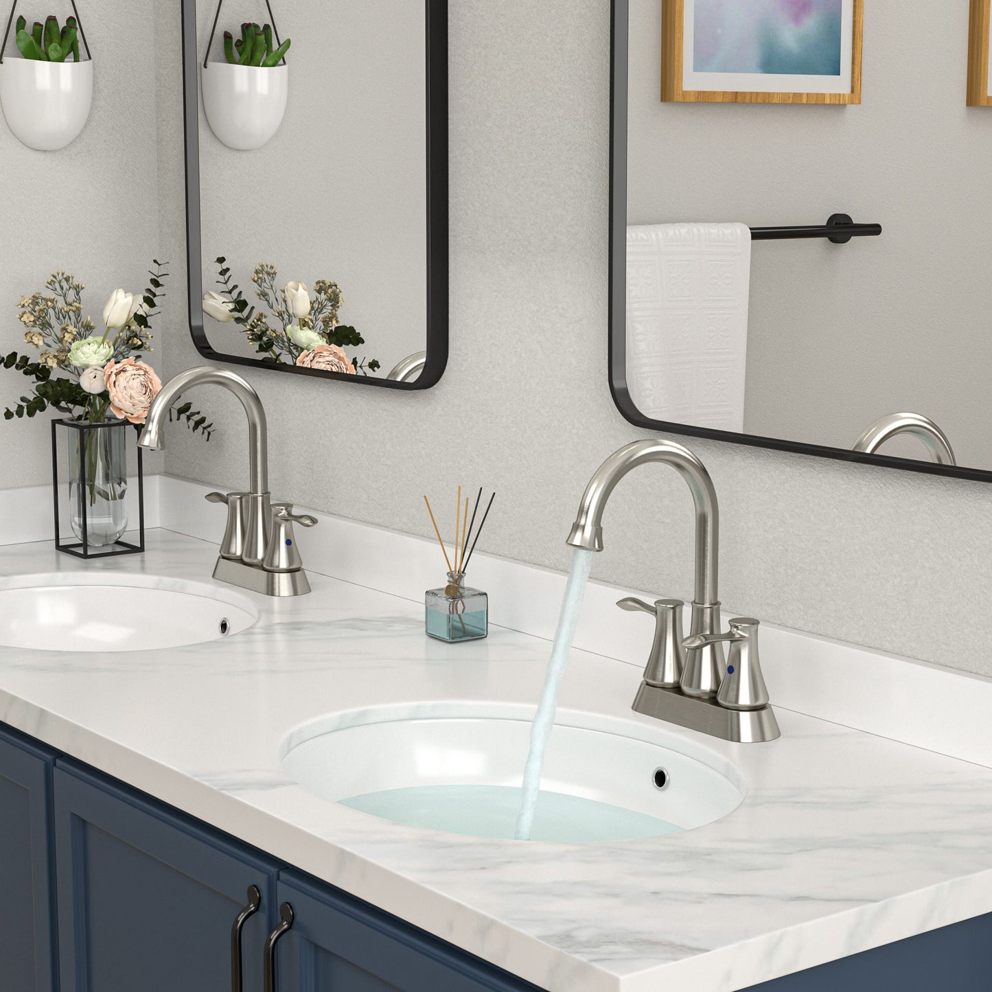 High Arc Swivel Spout Centerset Double handle 3-holes Lavatory Vanity Faucet Bathroom Vessel Basin Faucet with Pop-up dr image 2