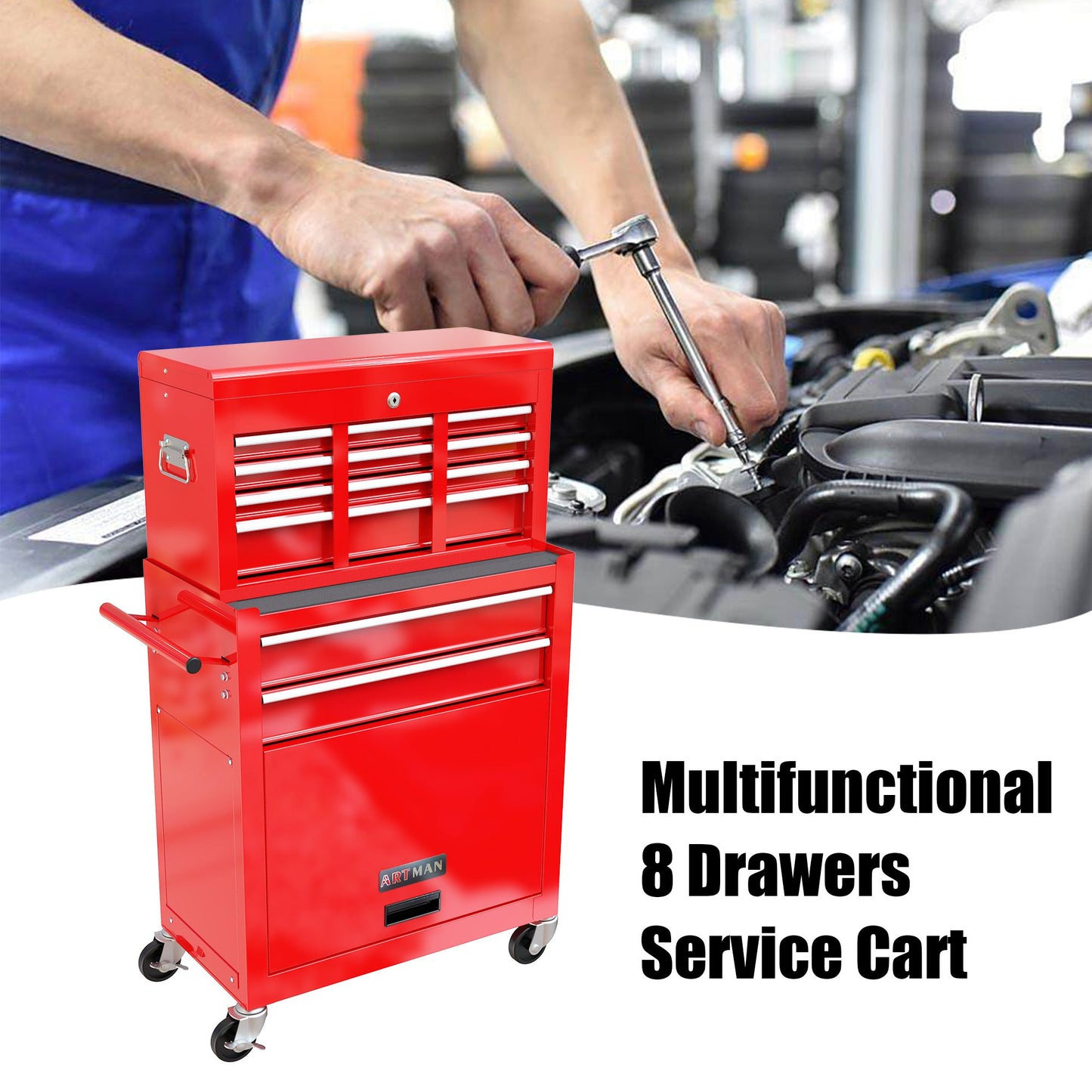 High Capacity Rolling Tool Chest with Wheels and Drawers, 8-Drawer Tool Storage Cabinet--RED image 7