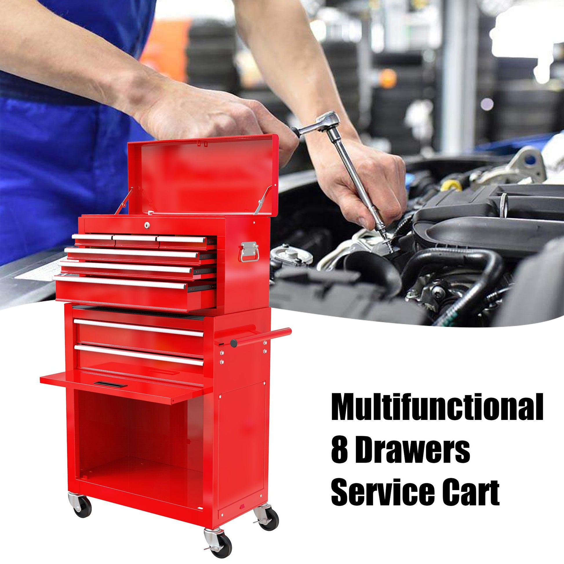 High Capacity Rolling Tool Chest with Wheels and Drawers, 8-Drawer Tool Storage Cabinet--RED image 8