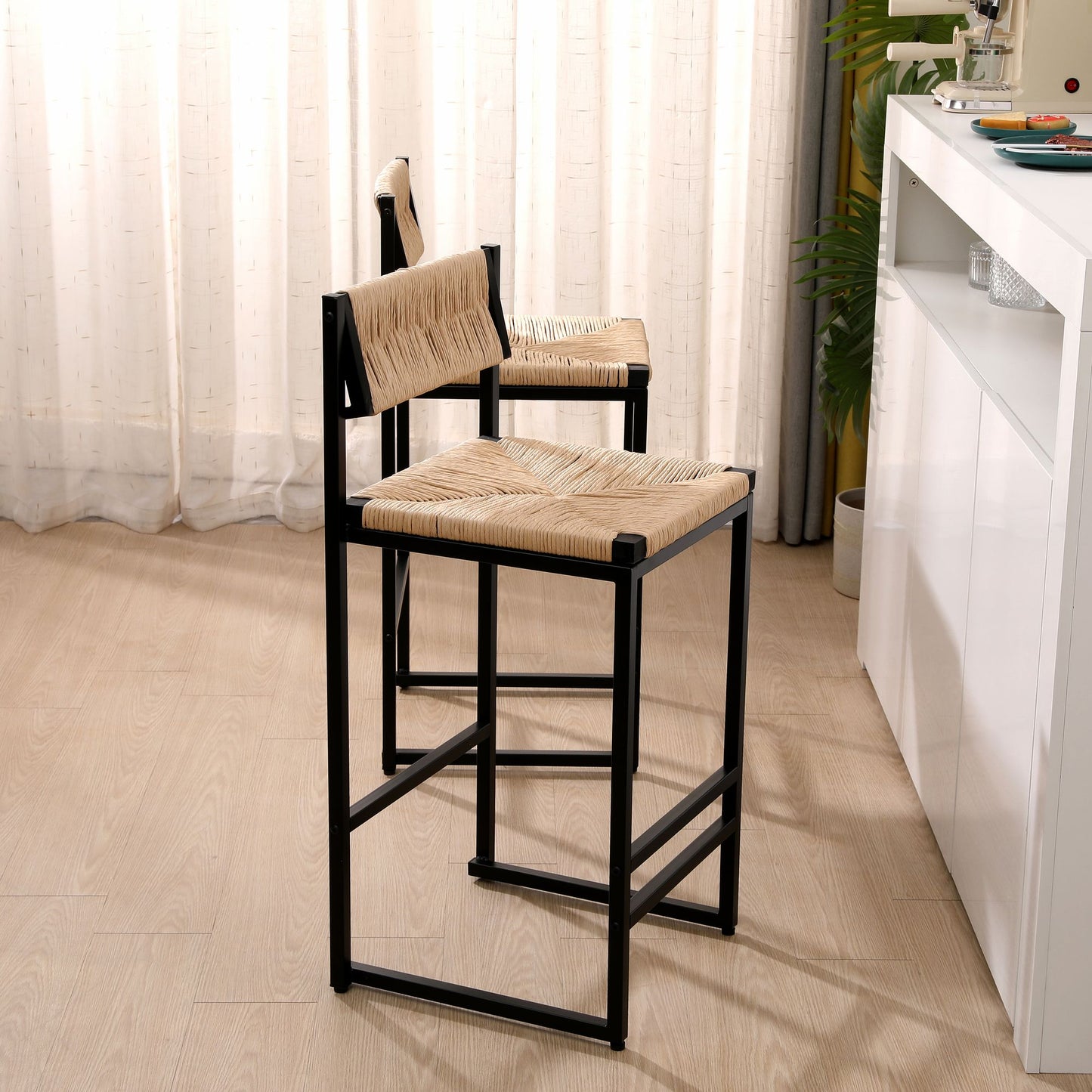Honey Bar Stools Set of 2 Paper Rope Weave Dining Chairs with Back Hand Weave Stools for Kichen Island, Bar & Counter (H image 2