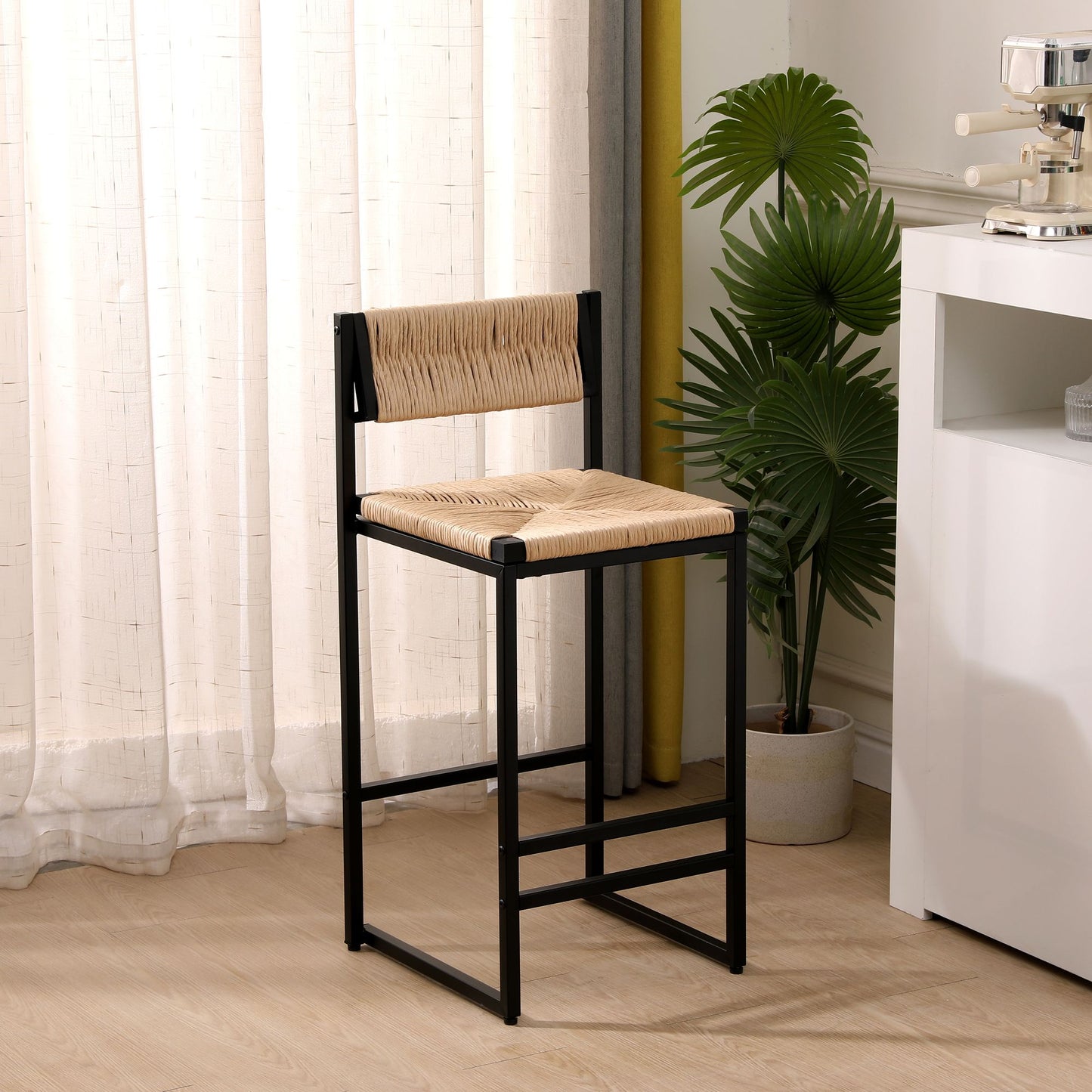 Honey Bar Stools Set of 2 Paper Rope Weave Dining Chairs with Back Hand Weave Stools for Kichen Island, Bar & Counter (H image 4
