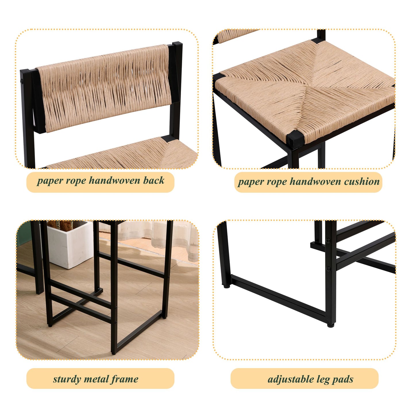Honey Bar Stools Set of 2 Paper Rope Weave Dining Chairs with Back Hand Weave Stools for Kichen Island, Bar & Counter (H image 8