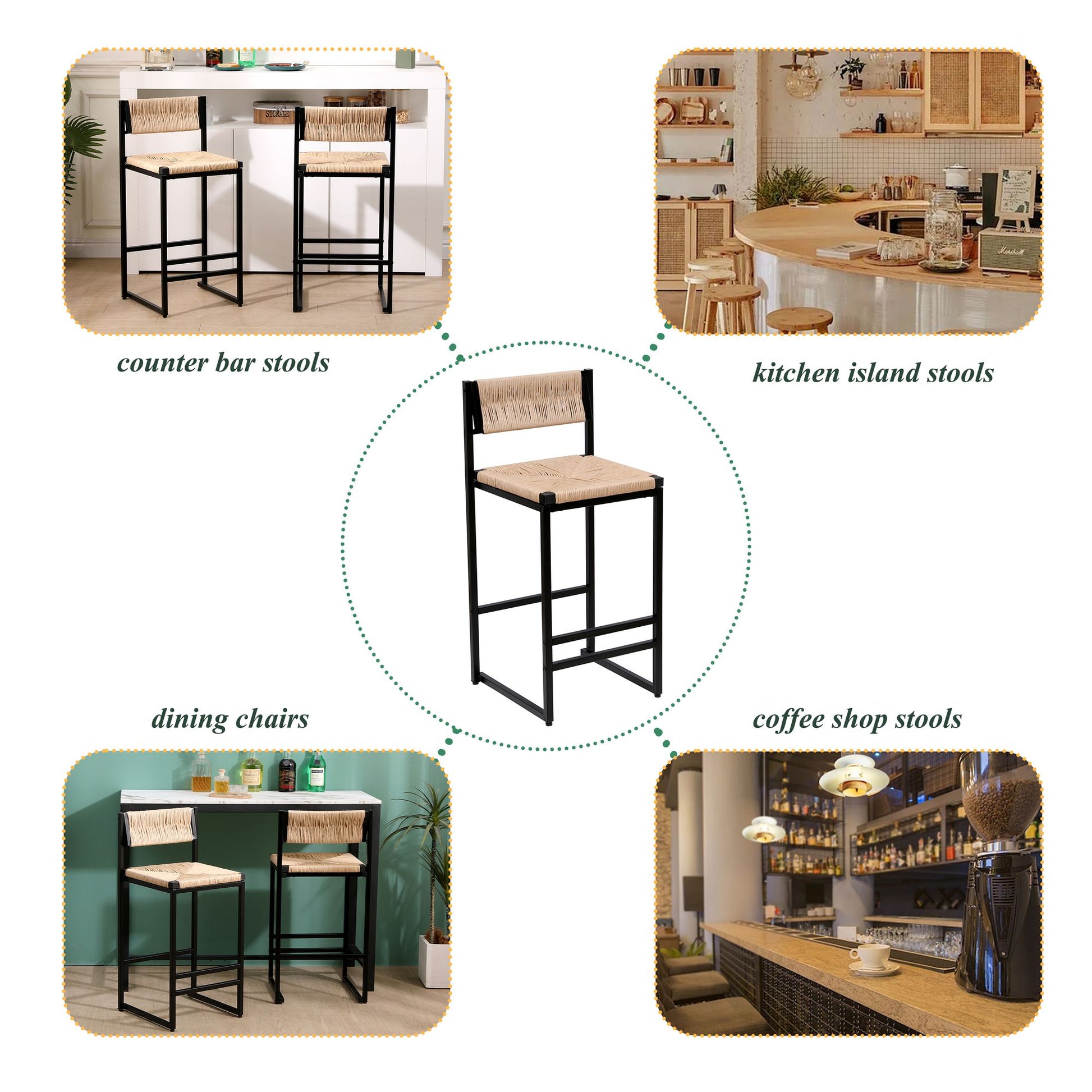 Honey Bar Stools Set of 2 Paper Rope Weave Dining Chairs with Back Hand Weave Stools for Kichen Island, Bar & Counter (H image 7