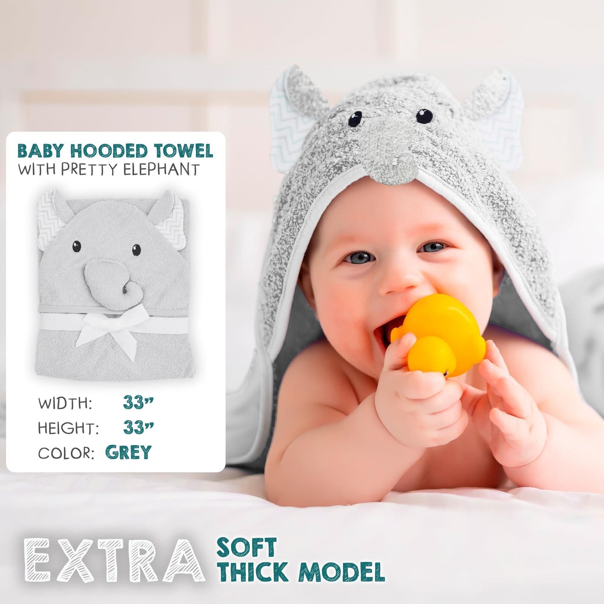 Hooded Baby Towels 33x33 Inches with Elephant Face Light Gray Baby Bath Towels Hooded with Ears 100% Woven Terry Cotton  image 2