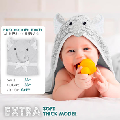 Hooded Baby Towels 33x33 Inches with Elephant Face Light Gray Baby Bath Towels Hooded with Ears 100% Woven Terry Cotton  image 2