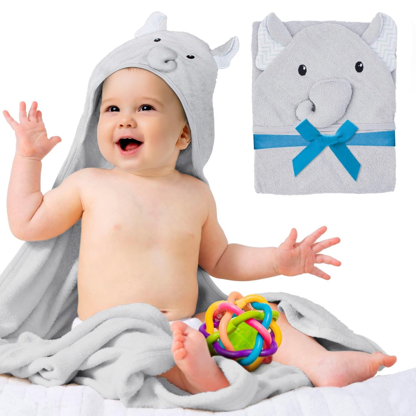 Hooded Baby Towels 33x33 Inches with Elephant Face Light Gray Baby Bath Towels Hooded with Ears 100% Woven Terry Cotton  image 1