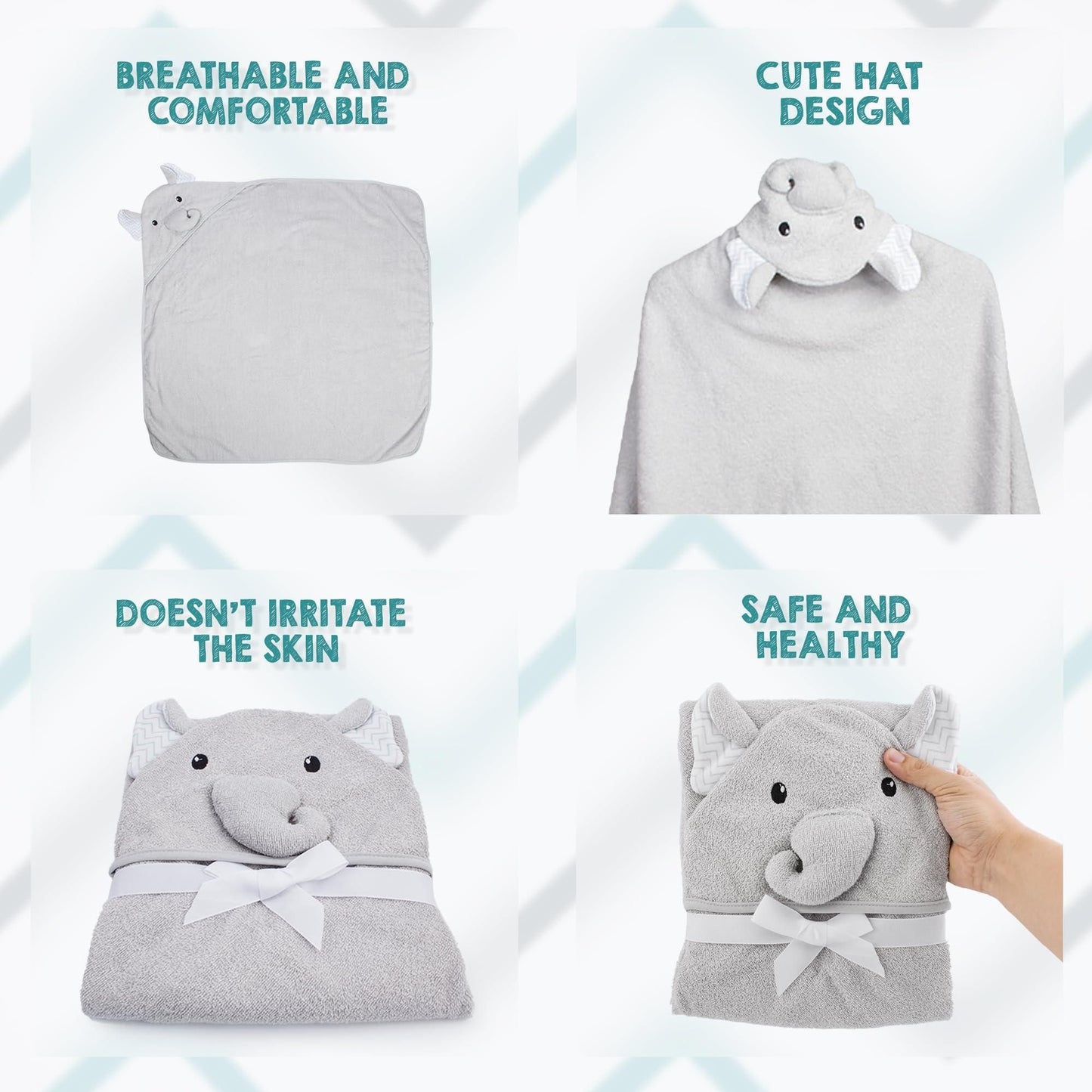 Hooded Baby Towels 33x33 Inches with Elephant Face Light Gray Baby Bath Towels Hooded with Ears 100% Woven Terry Cotton  image 4