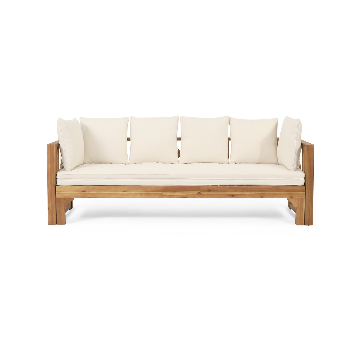 Outdoor Extendable Acacia Wood 3 Seater Sofa, Upholstered Cushion Couch, Daybed Sofa Chair, Spacious Seating Lounge Chair, Patio Daybed Sofa for Garden Yard image 2