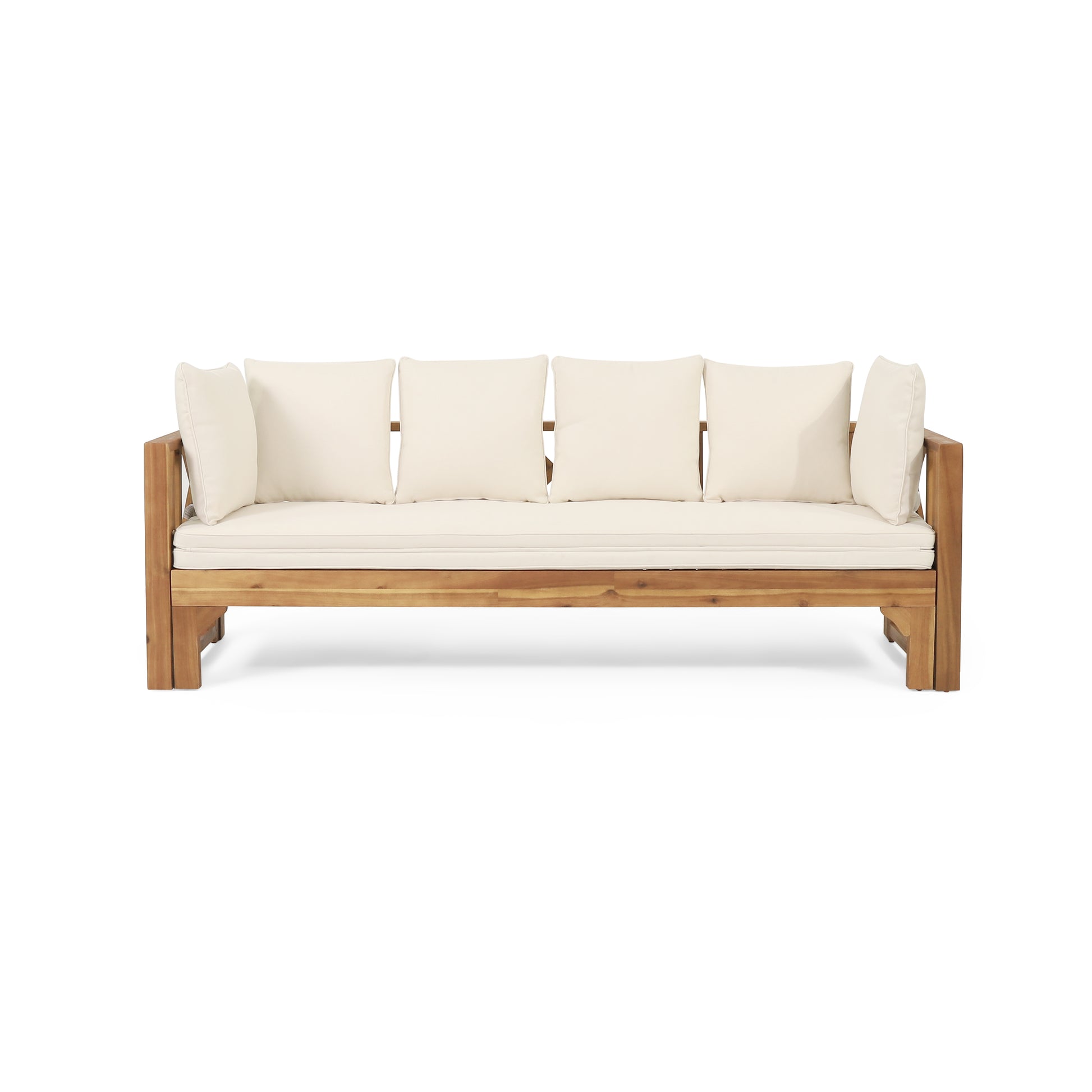 Outdoor Extendable Acacia Wood 3 Seater Sofa, Upholstered Cushion Couch, Daybed Sofa Chair, Spacious Seating Lounge Chair, Patio Daybed Sofa for Garden Yard image 2