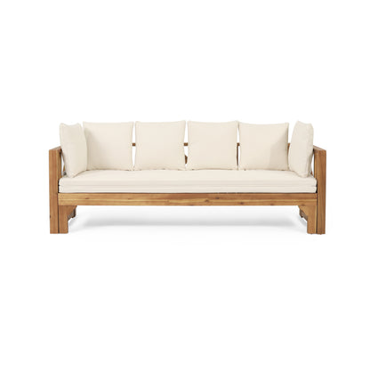 Outdoor Extendable Acacia Wood 3 Seater Sofa, Upholstered Cushion Couch, Daybed Sofa Chair, Spacious Seating Lounge Chair, Patio Daybed Sofa for Garden Yard image 2