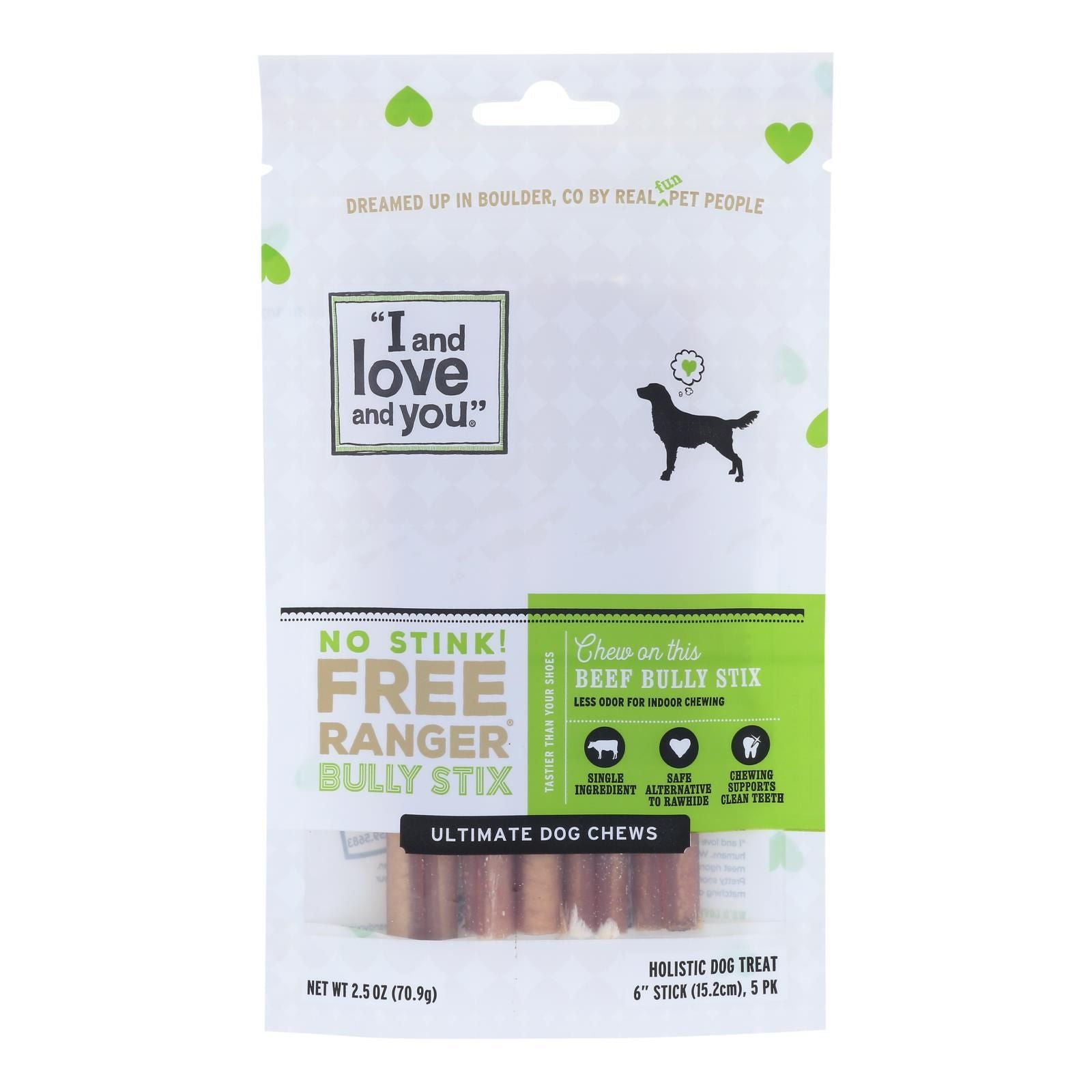I And Love And You Dog Chews - No Stink Free Ranger Bully Stix - Beef - 5 Count - Case Of 6 image 1