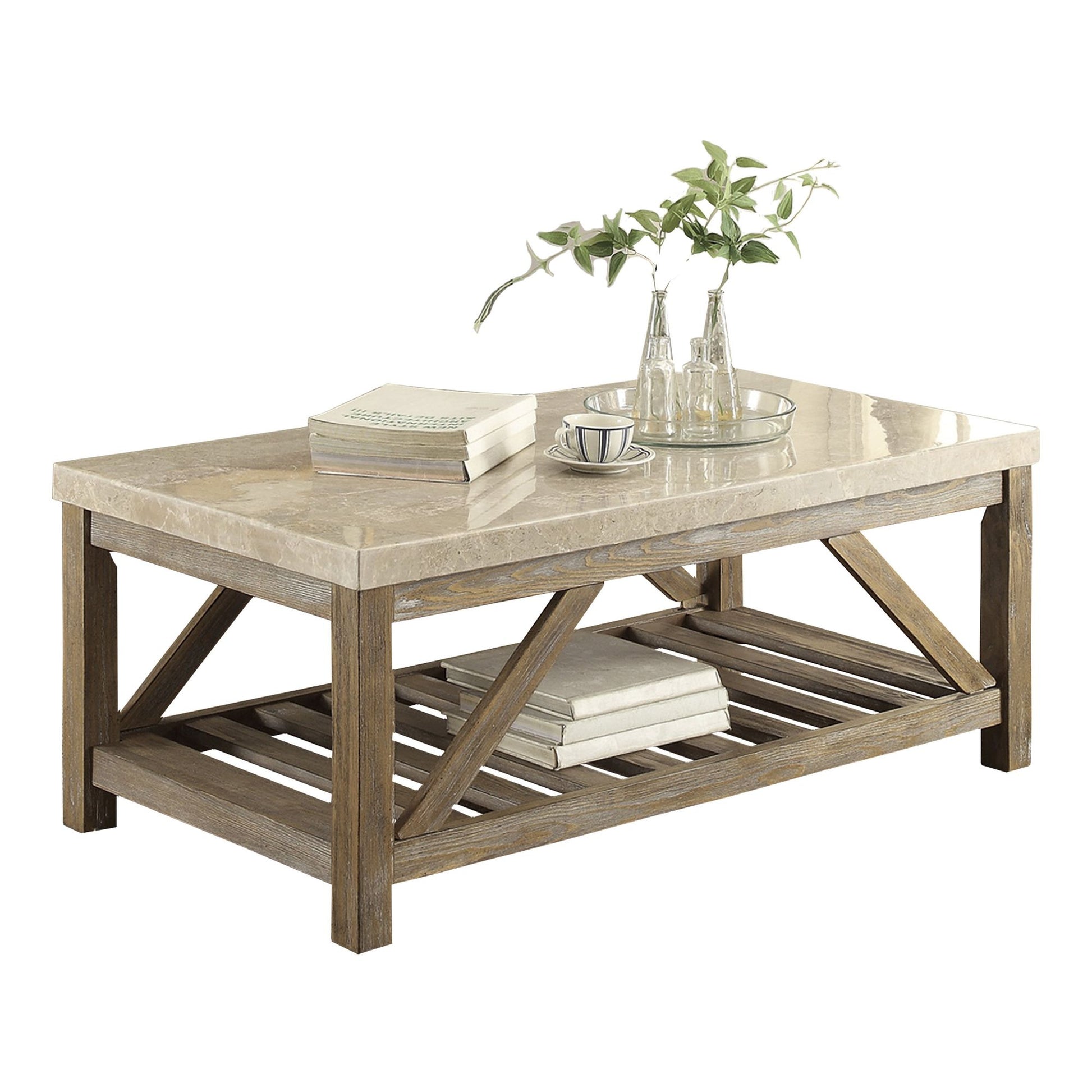 Industrial Style Angled Support 1pc Cocktail Table with Bottom Shelf Marble Top Creamy White Wooden Living Room Furnitur image 2