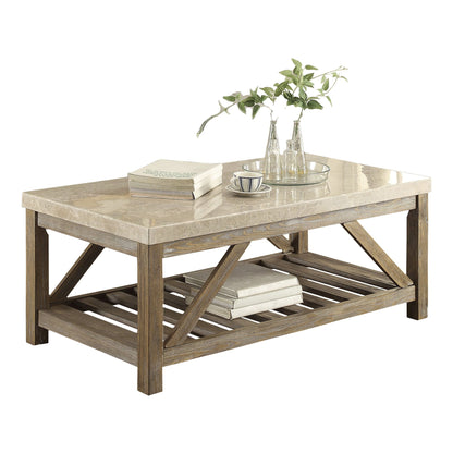 Industrial Style Angled Support 1pc Cocktail Table with Bottom Shelf Marble Top Creamy White Wooden Living Room Furnitur image 2