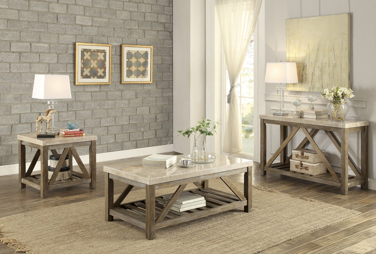 Industrial Style Angled Support 1pc Cocktail Table with Bottom Shelf Marble Top Creamy White Wooden Living Room Furnitur image 3
