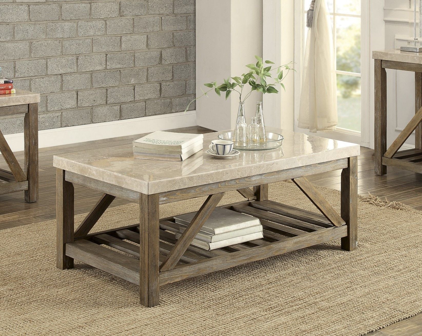 Industrial Style Angled Support 1pc Cocktail Table with Bottom Shelf Marble Top Creamy White Wooden Living Room Furnitur image 1