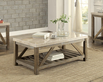 Industrial Style Angled Support 1pc Cocktail Table with Bottom Shelf Marble Top Creamy White Wooden Living Room Furnitur image 1