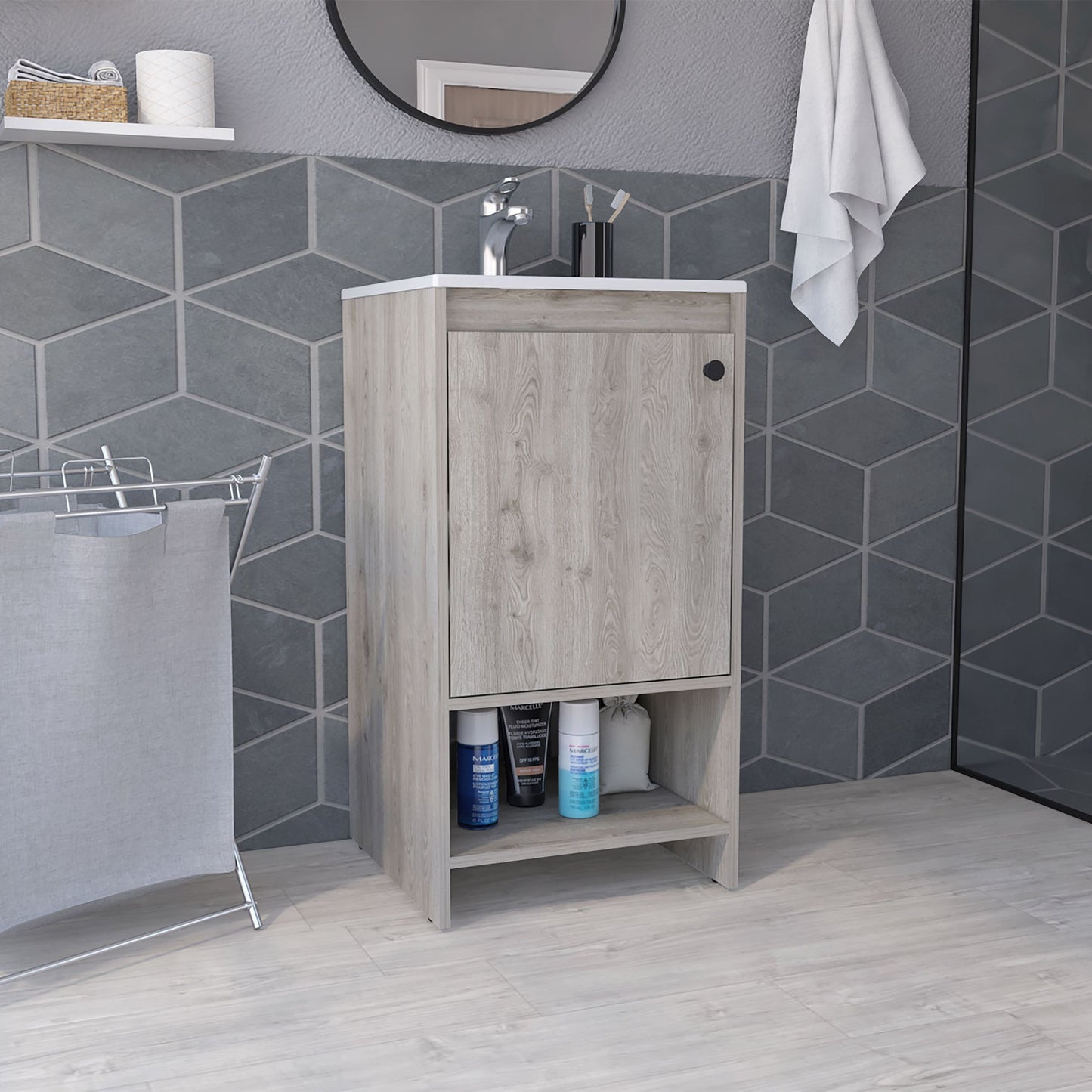 Jane Bathroom Vanity, Single Door Cabinet, Two Shelves -Light Gray image 1