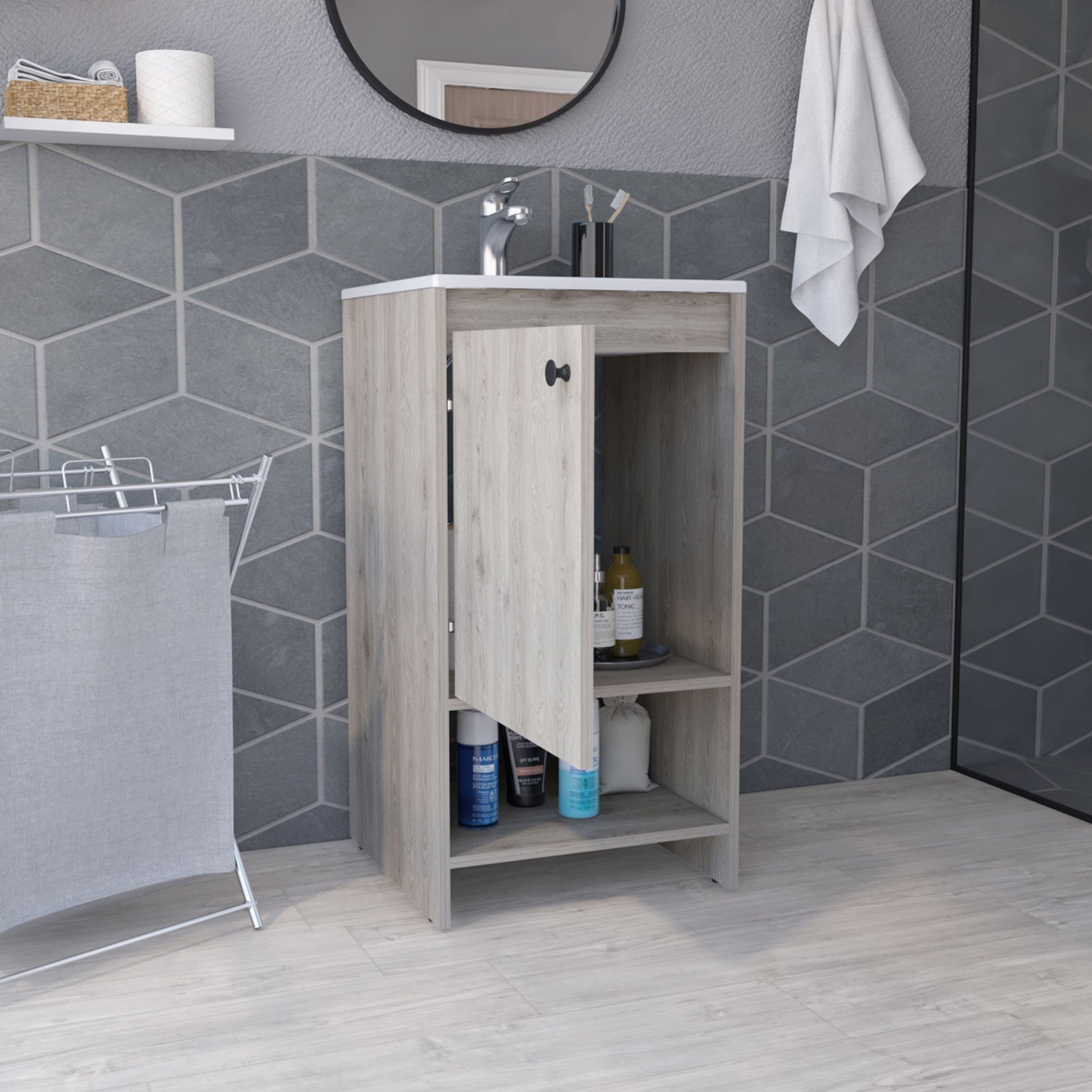 Jane Bathroom Vanity, Single Door Cabinet, Two Shelves -Light Gray image 5