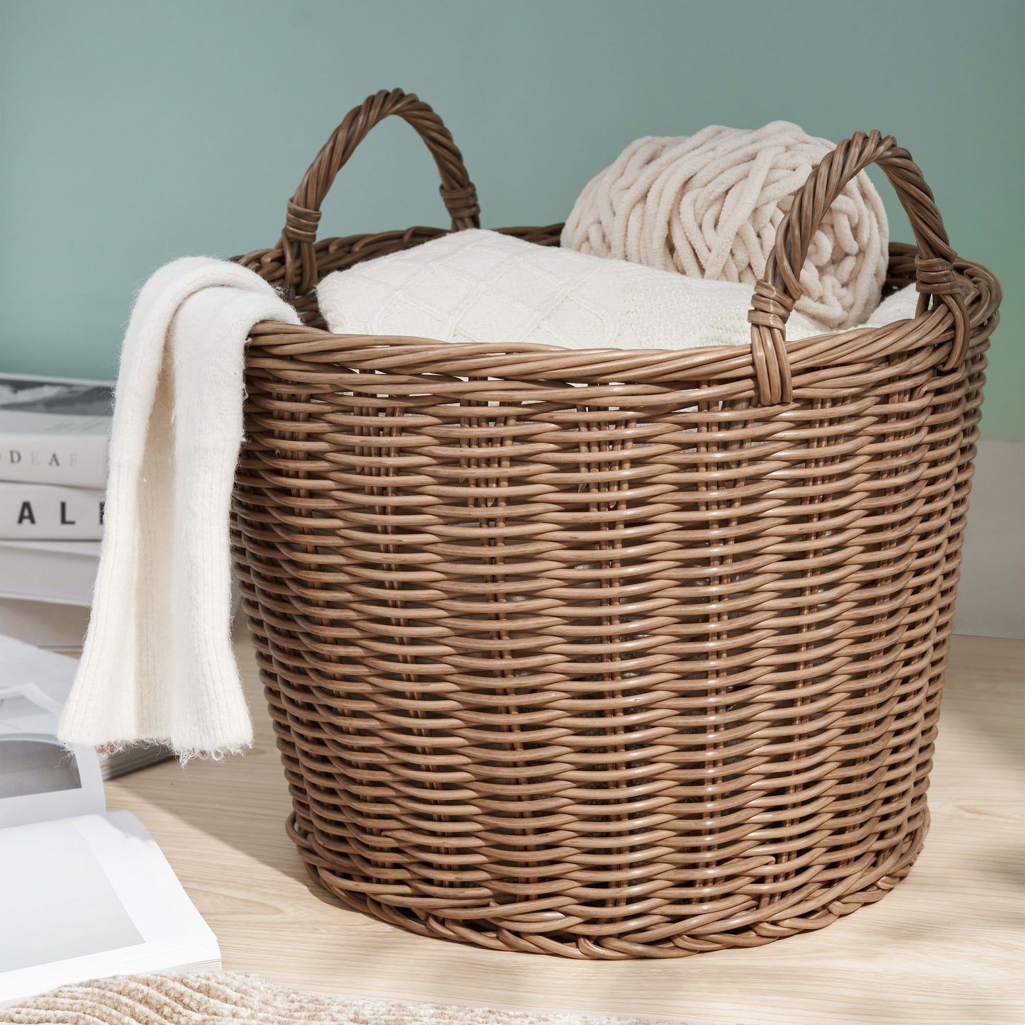 Joseph Round Cone Woven Resin Wicker Basket with Handles - 16" x 16" x 10.5" - Chocolate Brown - For Clothes, Towels, Ca image 4