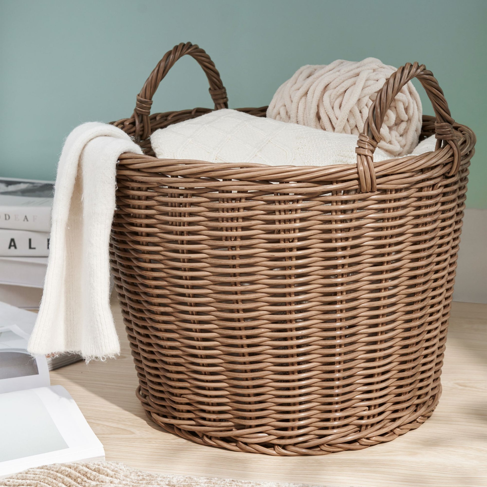 Joseph Round Cone Woven Resin Wicker Basket with Handles - 16" x 16" x 10.5" - Chocolate Brown - For Clothes, Towels, Ca image 4