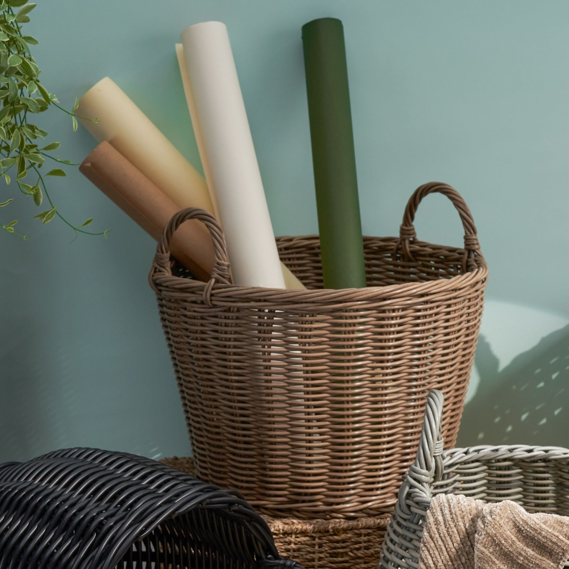Joseph Round Cone Woven Resin Wicker Basket with Handles - 16" x 16" x 10.5" - Chocolate Brown - For Clothes, Towels, Ca image 2