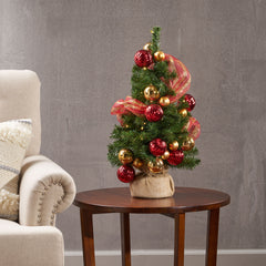 2' Red Gold Burlap Christmas Tree with 50 LED Lights - Battery Operated